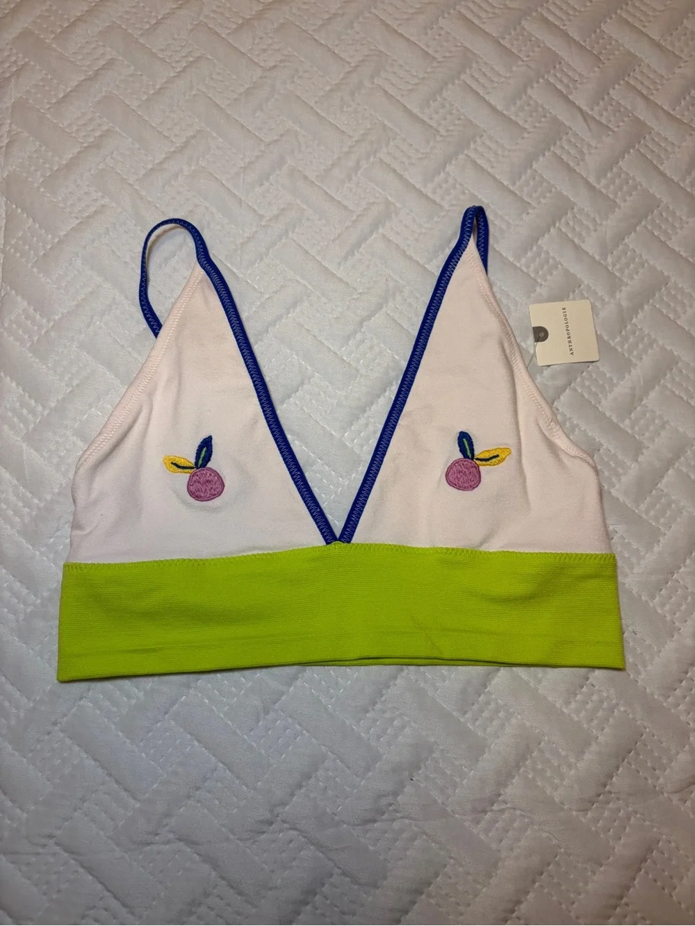 Anthropologie | Ivory Cherry Design Bralette with Blue Trim & Lime Band